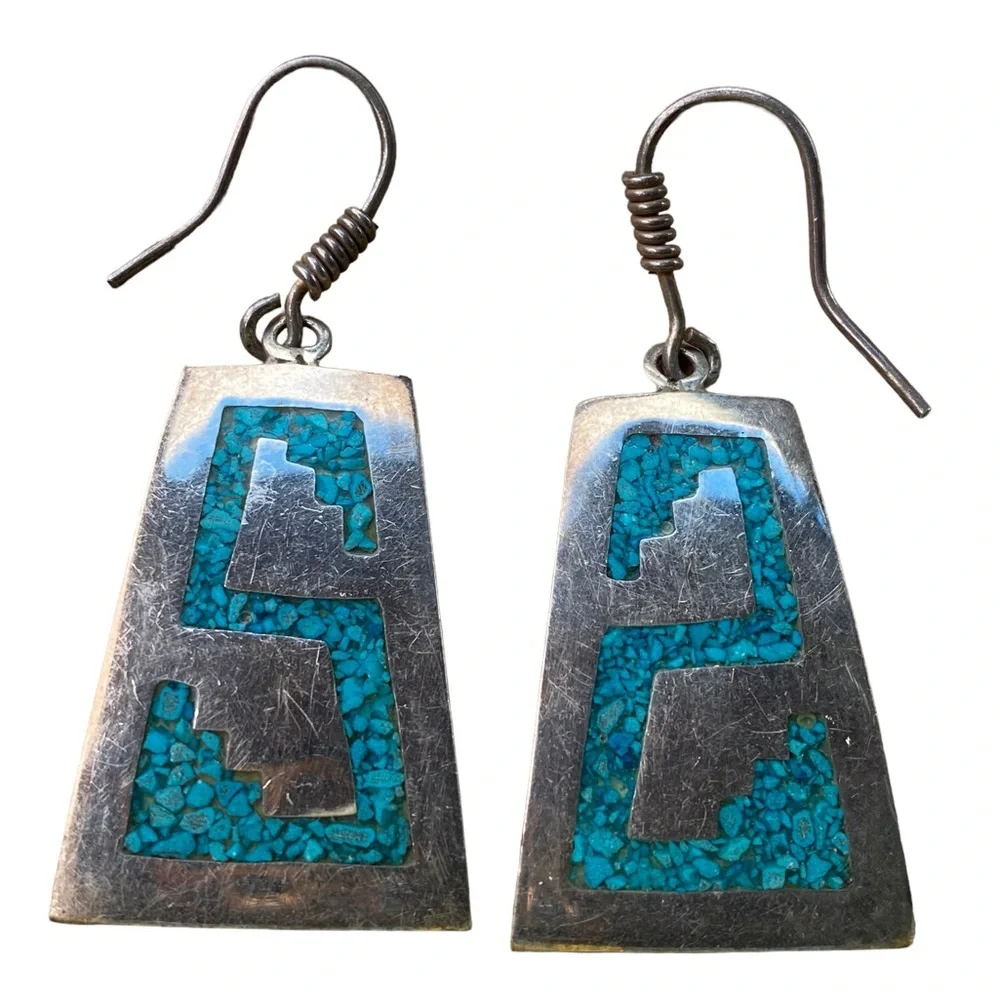 925 Mexico Silver Drop Earrings with‎ Crushed Turquoise Inlay